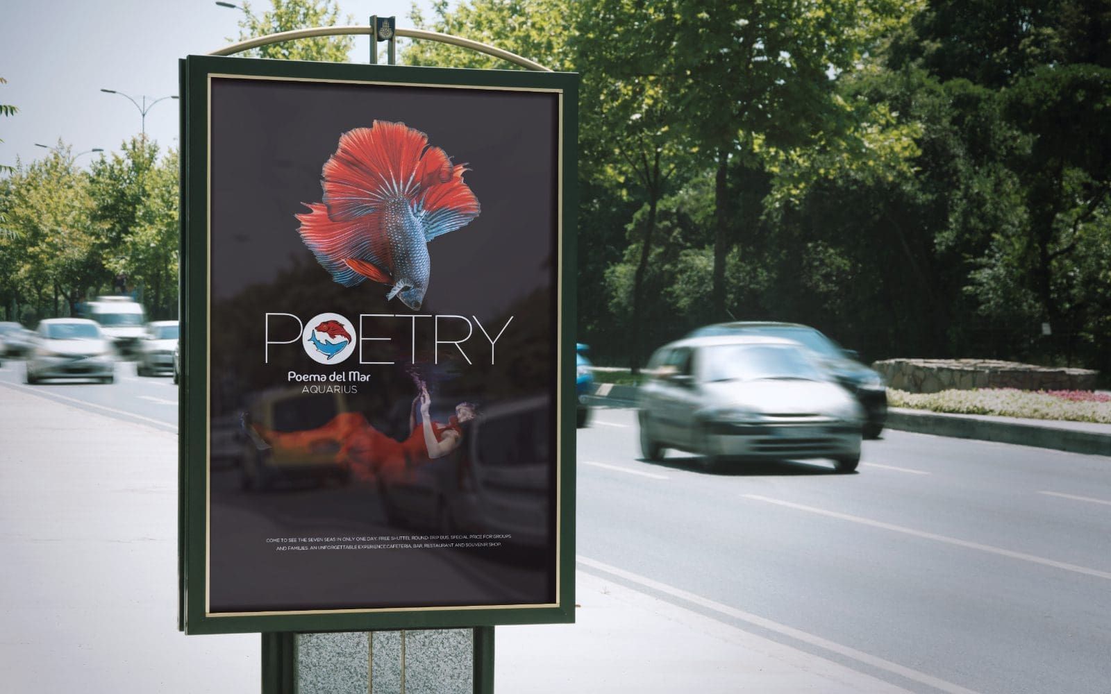 Cartel promocional del acuario Poema del mar. versión MUPI calle