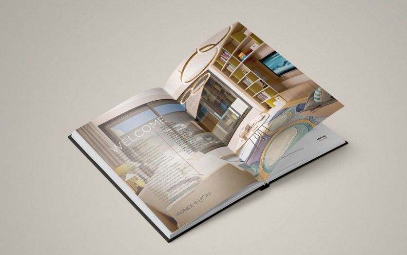 Interior de libro sobre el edificio Ponce de León. muestra el piso piloto y diferentes elementos de su diseño.