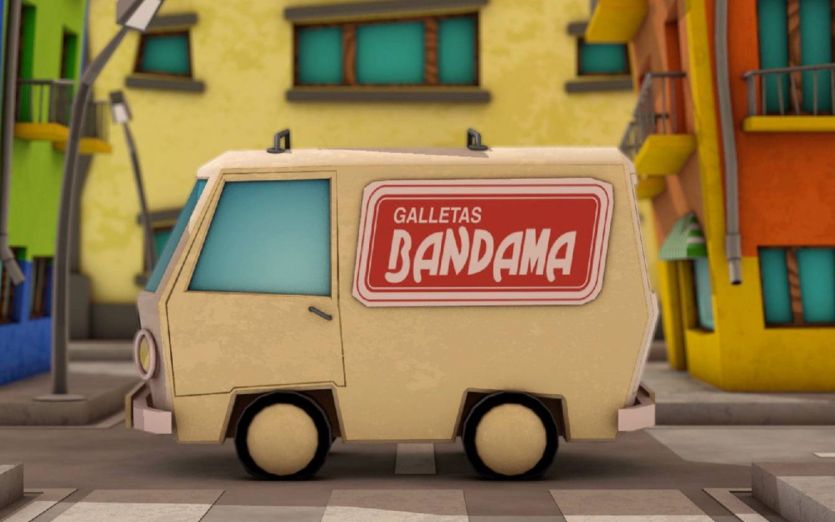 Fotograma de película de animación para la firma Bandama. Vemos una furgoneta de reparto de Bandama que se dirige al colegio.