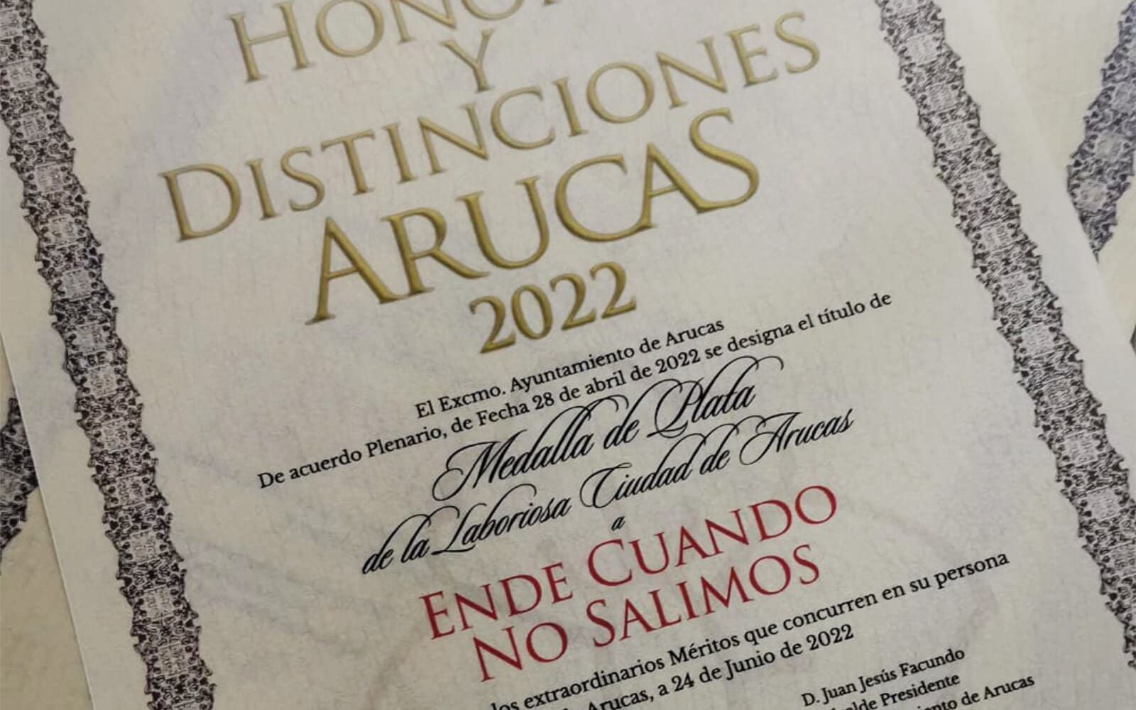 Diploma de Honores y Distinciones del Ilustre ayuntamiento de Arucas 2022