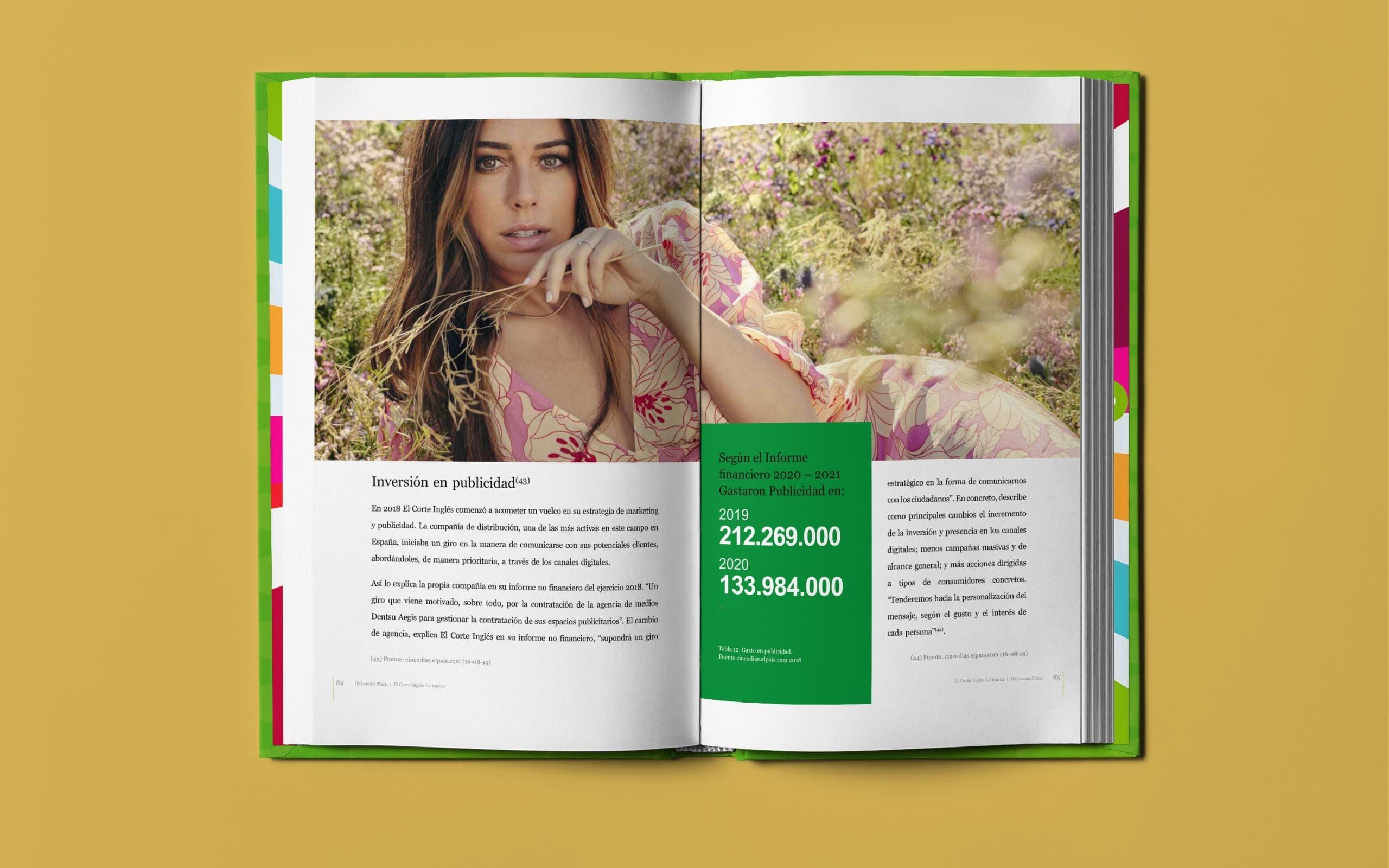 Páginas interiores de libro sobre proyecto de marketing para El corte Ingles titulado Delorean Place