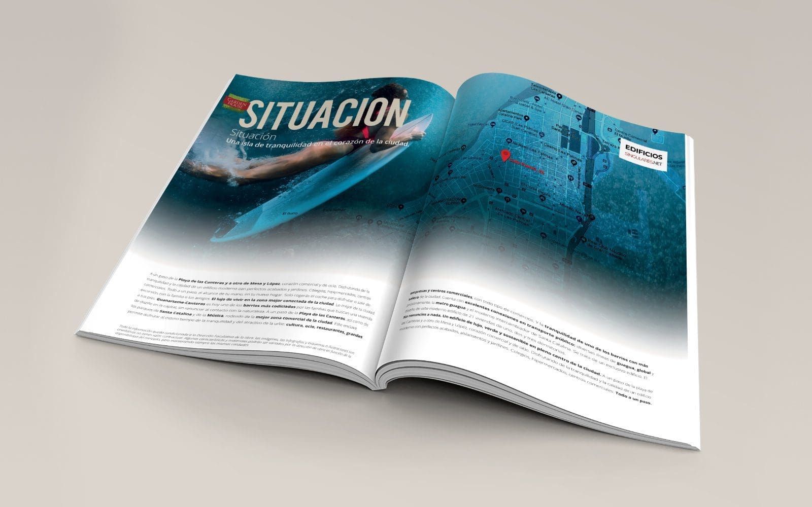 Revista promocional del edificio Garden House. Página que informa de su situación geográfica.